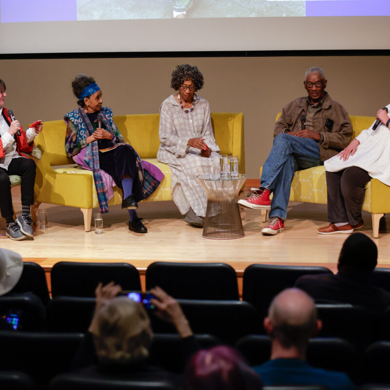 Forum moderator Nikki Silva (left) with exhibiting artists Wini McQueen (center left), Yvonne Wells (center), Charlie Lucas (center right) and Mercedes Braxton (right).