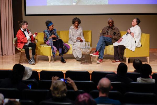 Forum moderator Nikki Silva (left) with exhibiting artists Wini McQueen (center left), Yvonne Wells (center), Charlie Lucas (center right) and Mercedes Braxton (right).