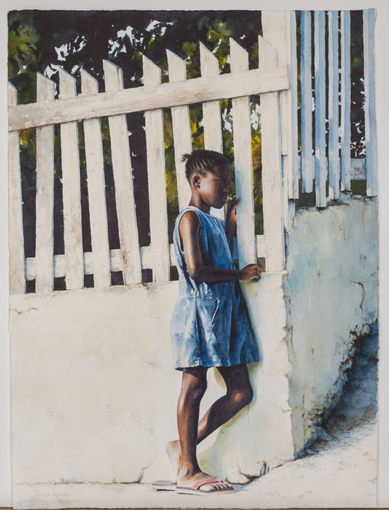 Watercolor painting of a black girl in blue shirt and shorts leaning against a white wall below a white-picket fence.