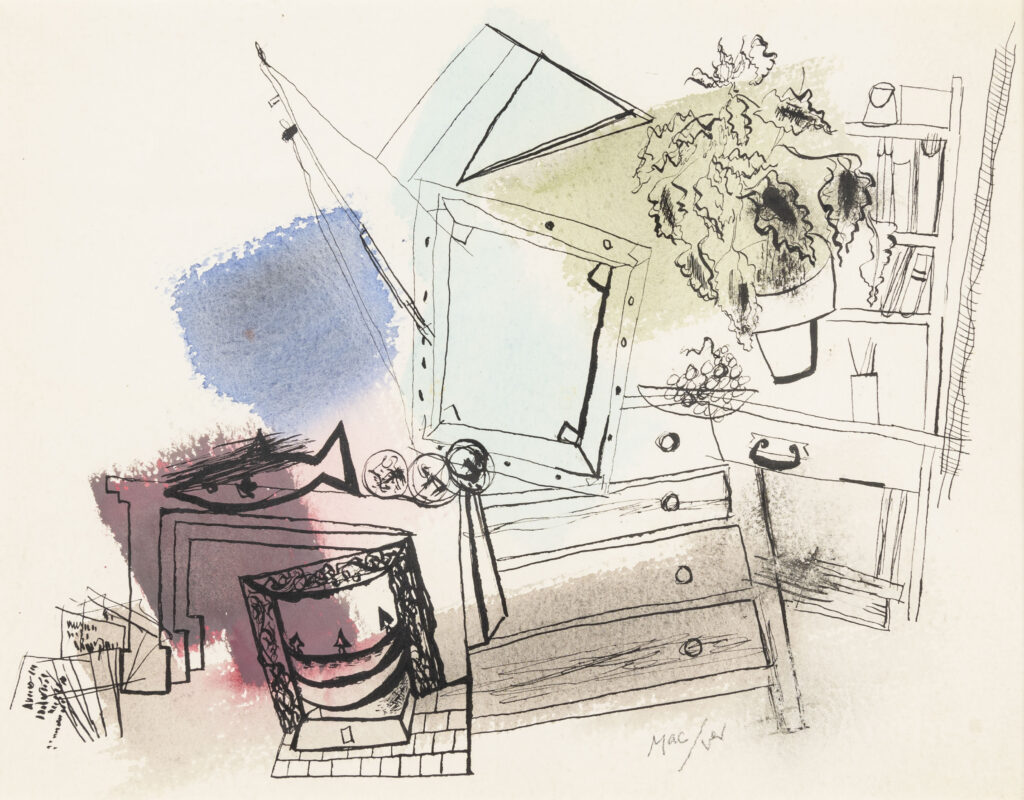 black ink drawing of scattered household items such as a dresser, mirror and plant with colorful splotches of watercolor.