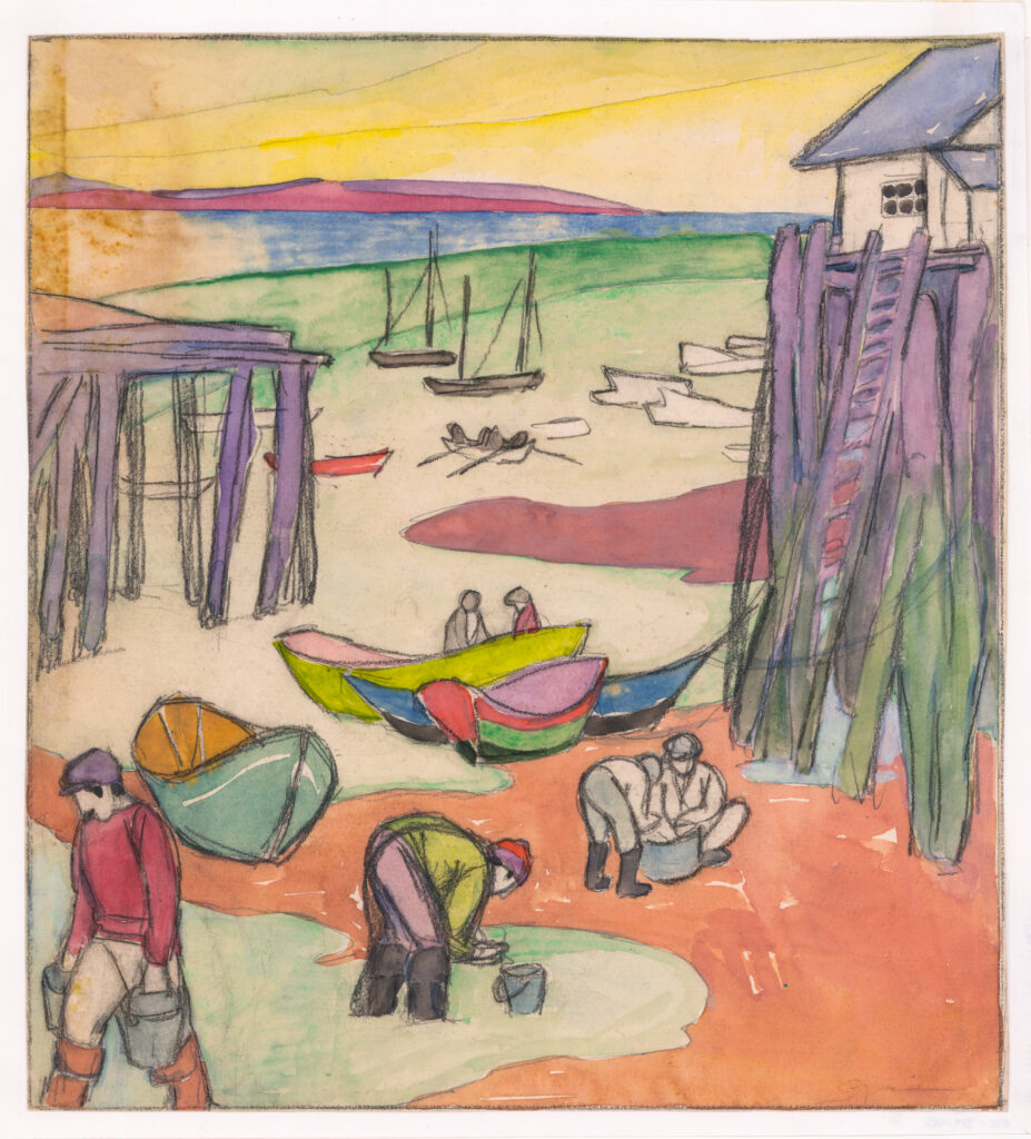 Watercolor painting showing a coastal scene in Provincetown of clam diggers in various stages of collecting clams in buckets. Colors of yellow, purple, magenta, green, red, orange.