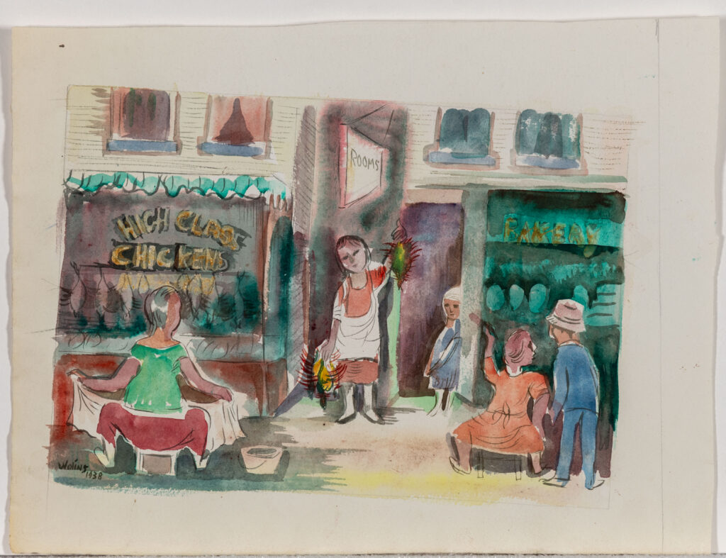 Watercolor painting of a street scene - a woman stands at center holding dead chickens in both hands. She stands in the entrance to an alley between two buildings labeled "High Class Chickens" and "Bakery." One woman sits on sidewalk facing "Chicken" window, while a woman sits next to a standing man in front of the bakery. A small person (possibly a child) is in the bakery doorway.