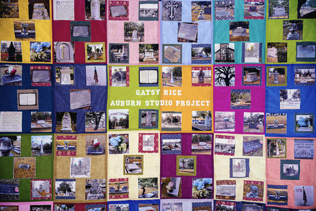 Multicolored quilt covered in photos of different areas within a cemetery; embroidered text in the middle reads "GATSY RICE AUBURN STUDIO PROJECT."