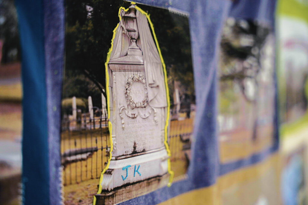 Close-up of collaborative quilt for Auburn Studio Project featuring printed photograph of a tombstone in Pine Hill.